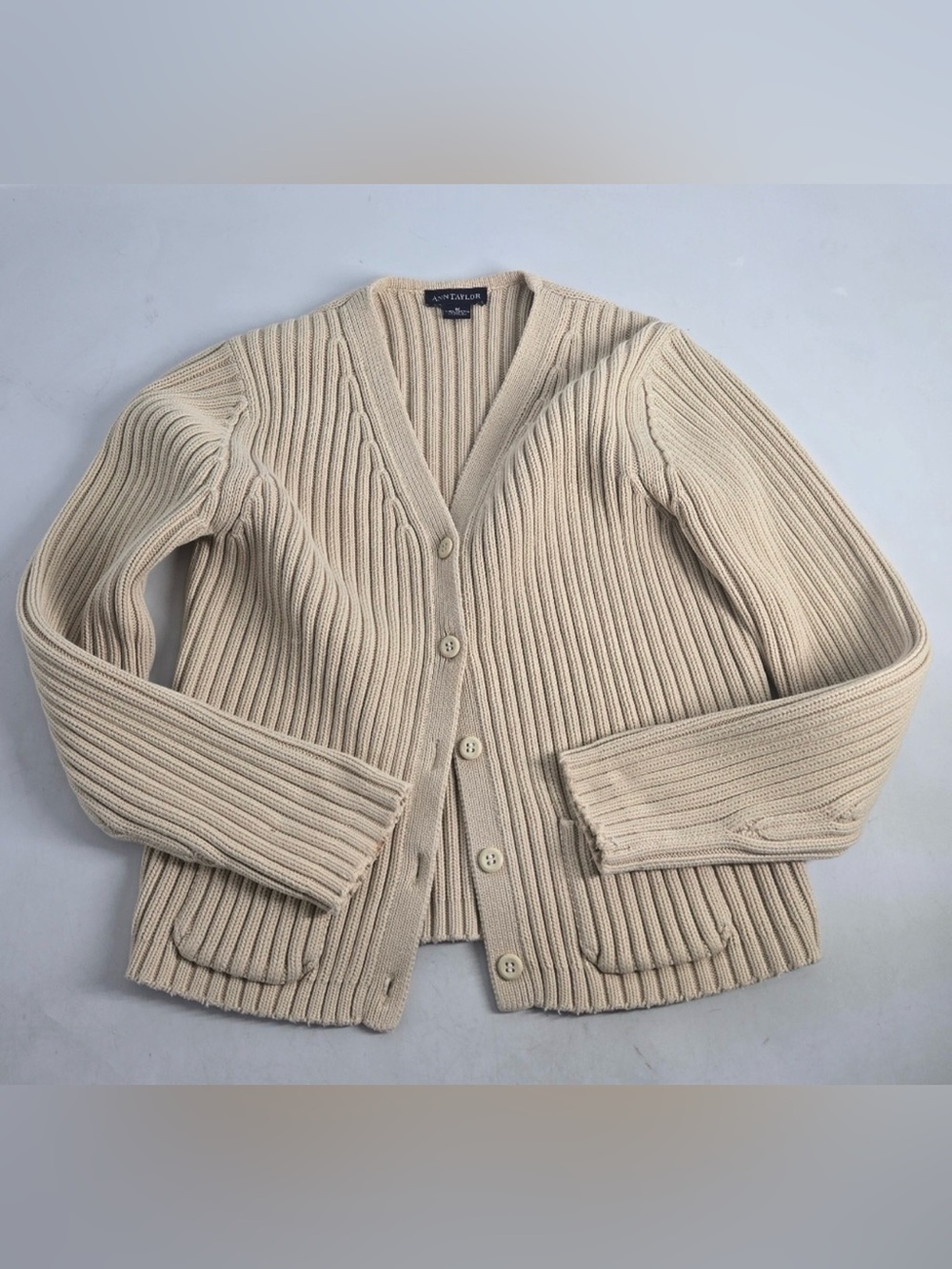 Vintage Ann Taylor Beige Knit Ribbed Cardigan Sweater M